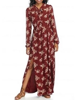 living doll Burgundy Floral Tie-Neck Maxi Dress